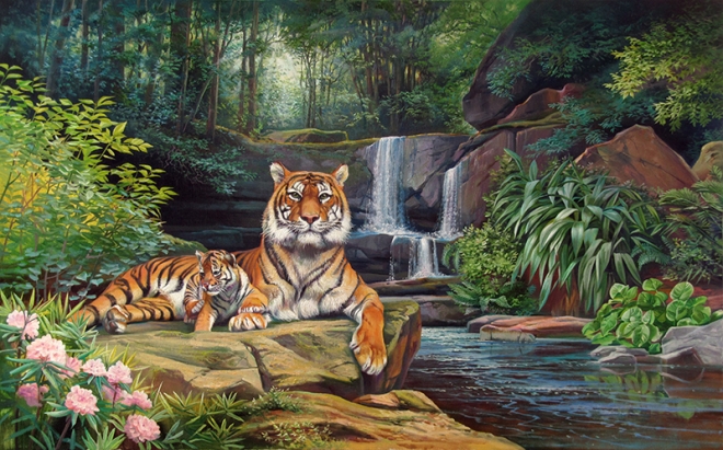 Картина маслом на холсте Тигрица с тигренком