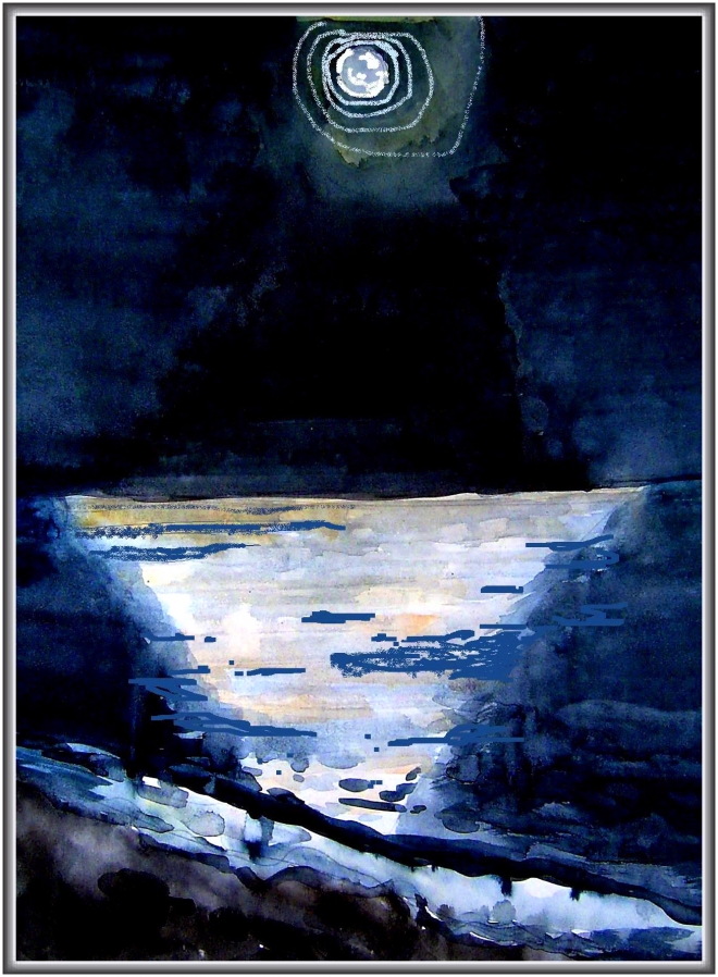 Картина акварелью Ночь на пляже