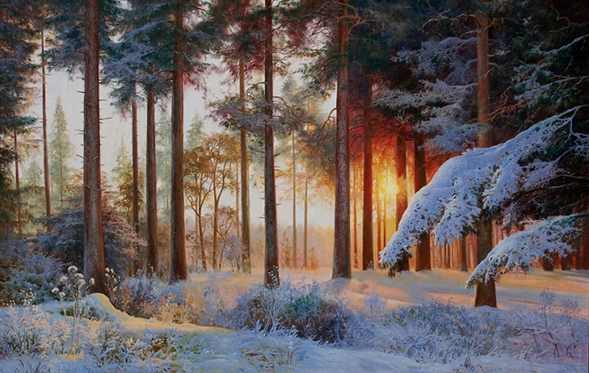 Картина маслом на холсте Утро в зимнем лесу
