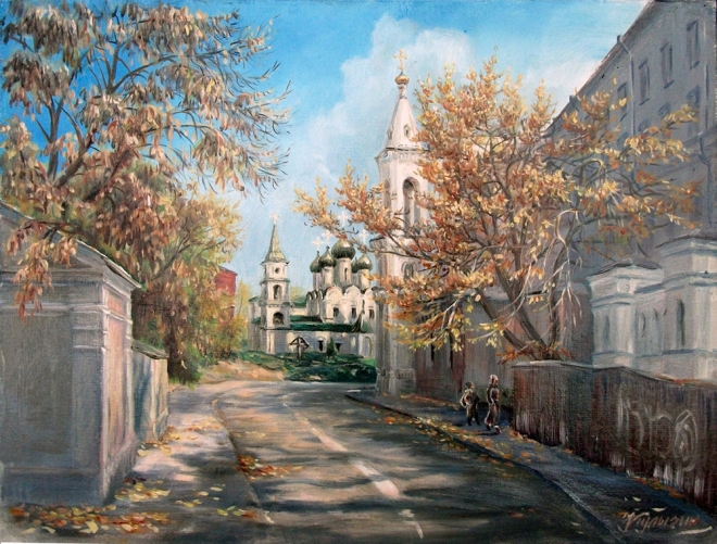Картина маслом на холсте Осенний свет. Вид с улицы забелина на Старые сады