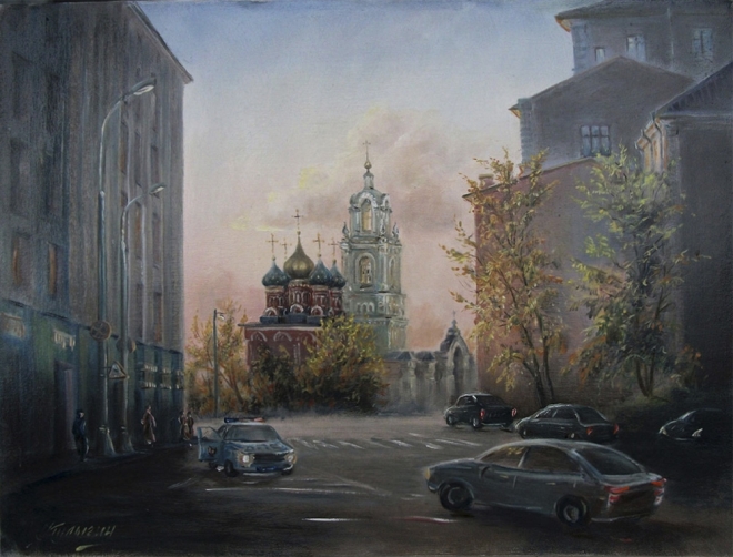 Картина маслом на холсте Вечер в центре Москвы Ул Варварка