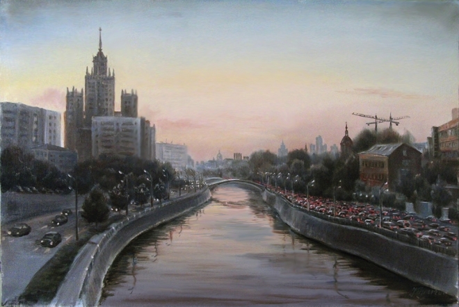 Картина маслом на холсте Две реки. Москва Вид на р.Яузу и её набережные